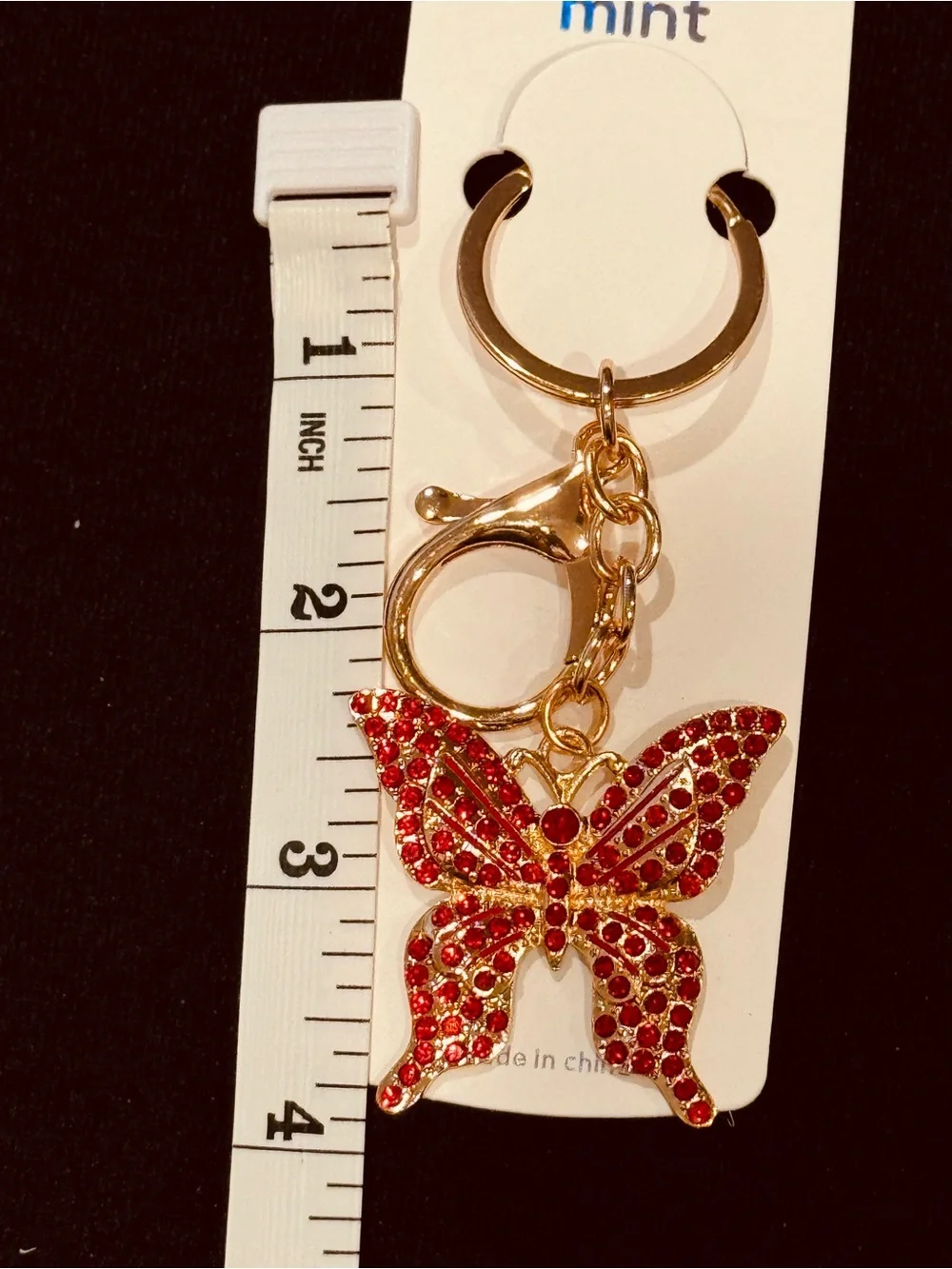 Mint Gold-Tone Keychain with Red Crystal Butterfly Charm NWT